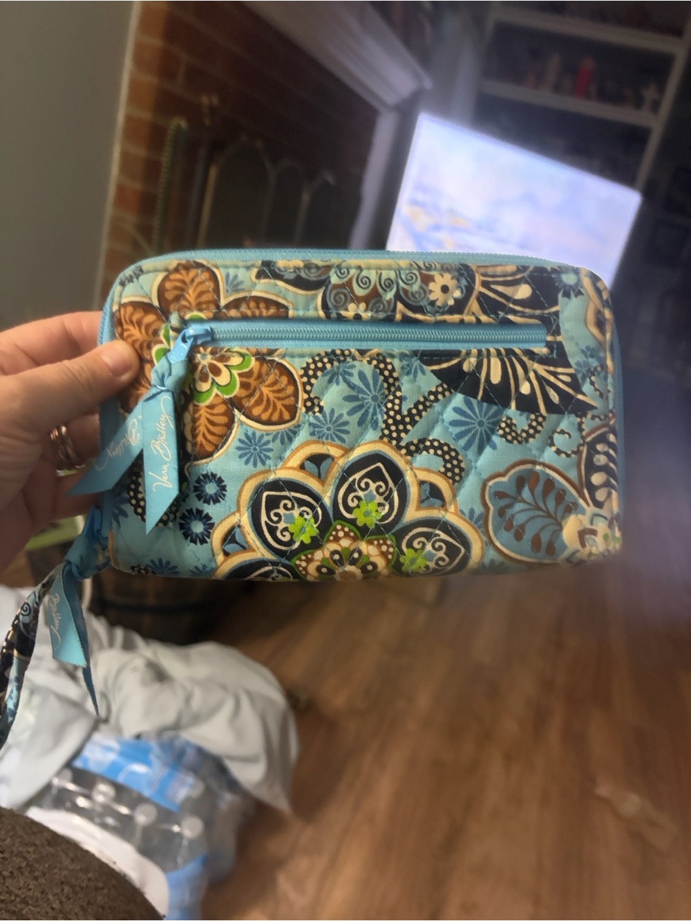 Vera Bradley Quilted Floral Zip Wristlet in Aqua and Brown
